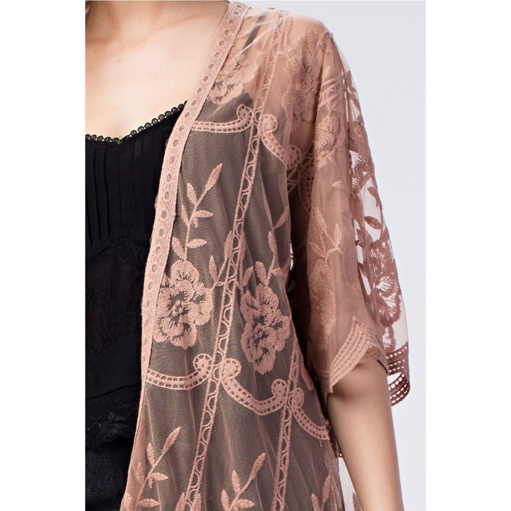 Embroidered Lace Kimono, Mocha - Picture 2 of 4